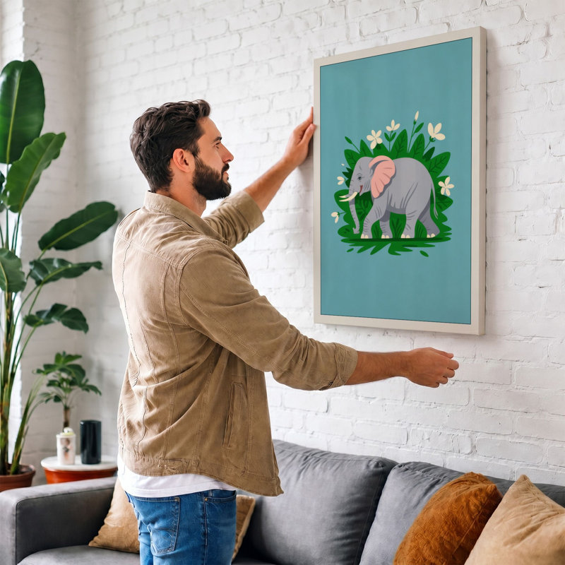 Young Elephant In Bloom Botanical - Print, 30x20 - 76.2 x 50.8 cm, Cream Border