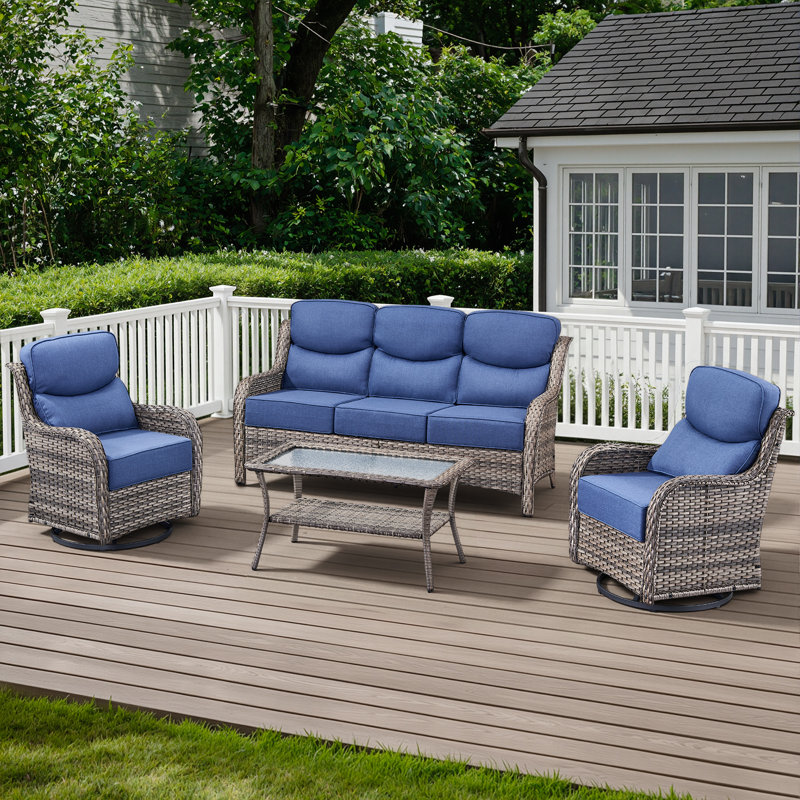 Ensemble de conversation en osier pour patio extérieur avec fauteuils pivotants et table basse extérieure, Gris, Bleu