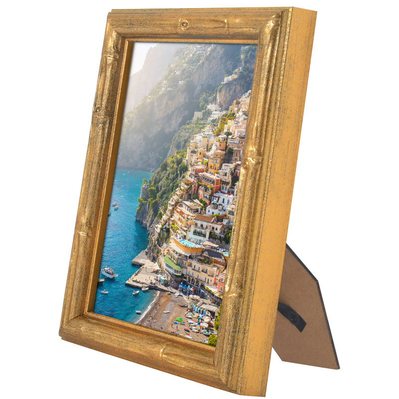 Picture Frame - Gold Bamboo Frame With Faux Bamboo Design - Easel Stand And Shatter Resistant Glass, 4" W x 6" H