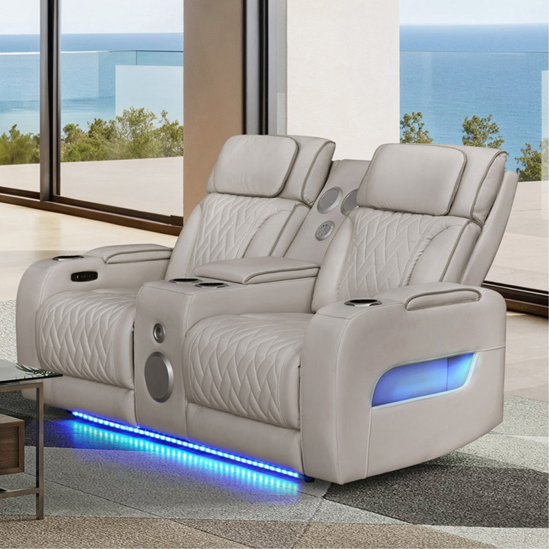 Causeuse inclinable électrique en cuir blanc glacé de 74 po avec repose-tête électrique, haut-parleurs Bluetooth, lumières DEL, ports USB et USB-C, rangement et porte-gobelets Jazmina