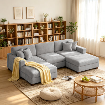 5 - Piece Upholstered Gray Chenille Modular Sectional Sofa with Throw Pillows & Removable Ottomans