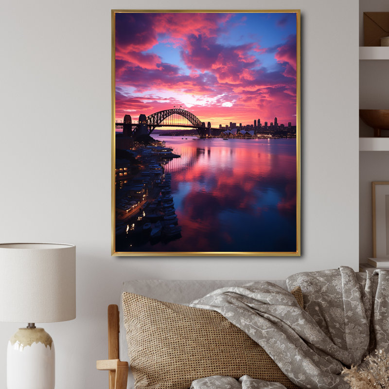 Australie, Sydney Harbour Sunrise, reproduction sur toile, H 44 po x l 34 po x P 1,5 po, Cadre flottant doré