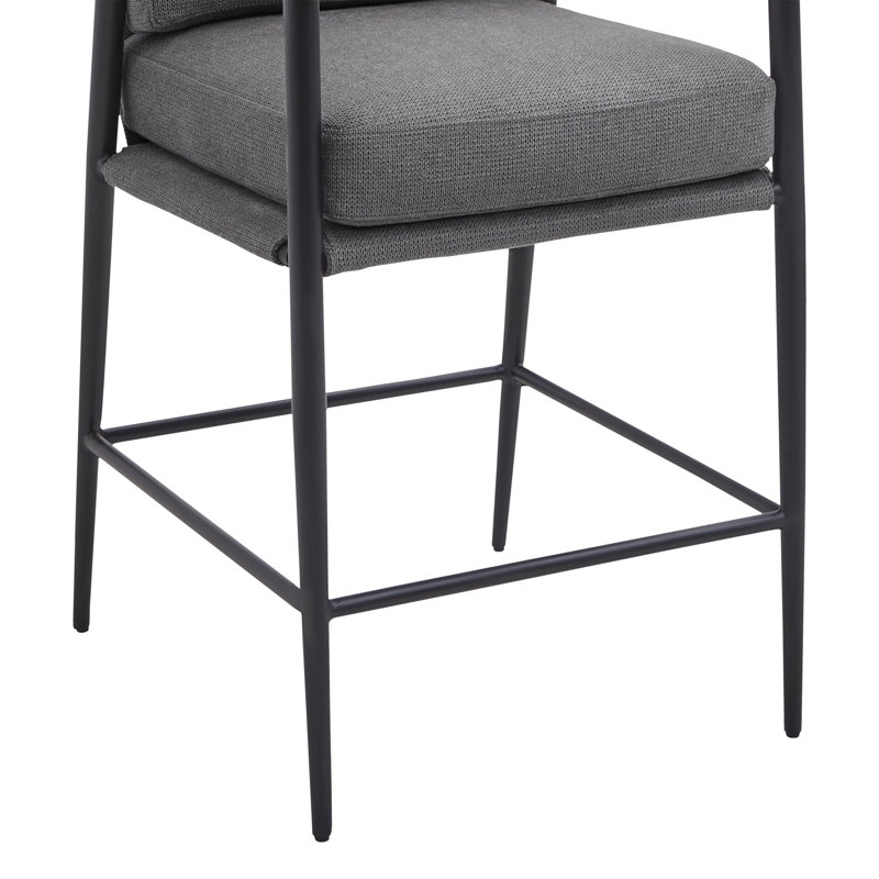 Gray Upholstered Counter Stools with Metal Frame and Wooden Armrests, Set of 2