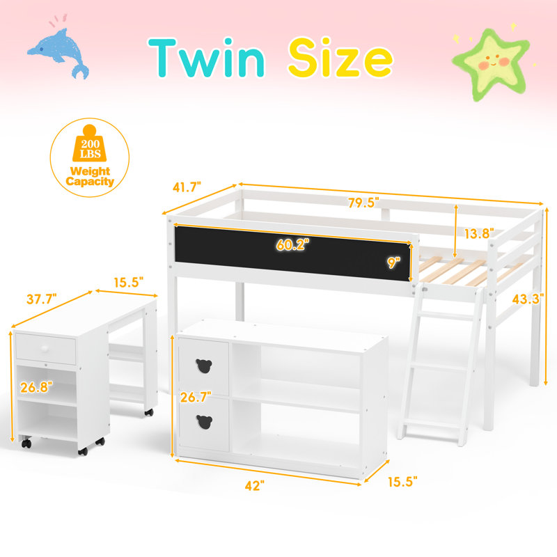 Lit mezzanine simple simple avec bureau et rangement, Blanc