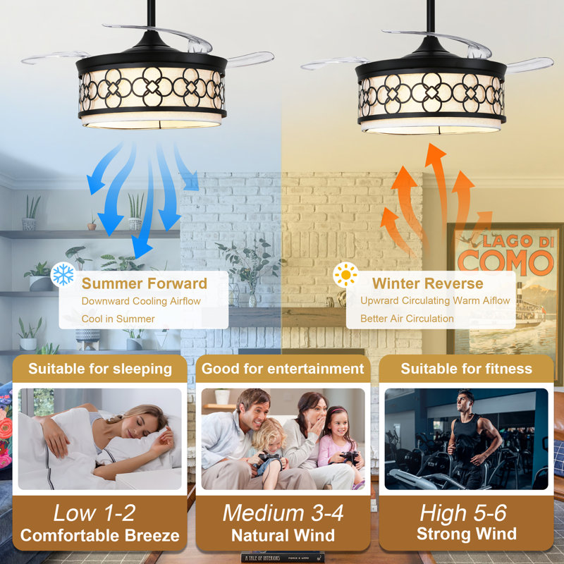 42'' Retractable Blades Ceiling Fan With Lights And Remote Control, Modern Reversible DC Motor Caged Ceiling Fan with Fabric Shade