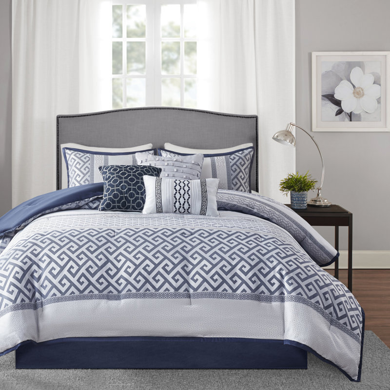 Édredon bleu marine 7 pièces - Literie avec édredon, taies décoratives, coussins et jupe de lit