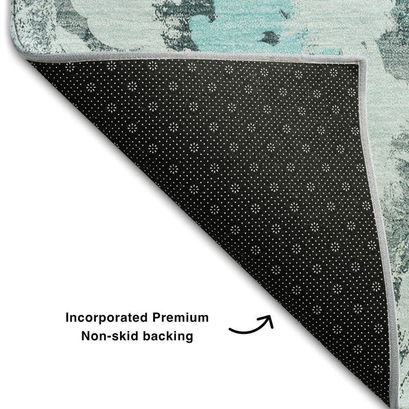 Teal Floral Synthetic 9' x 12' Washable Rectangular Rug