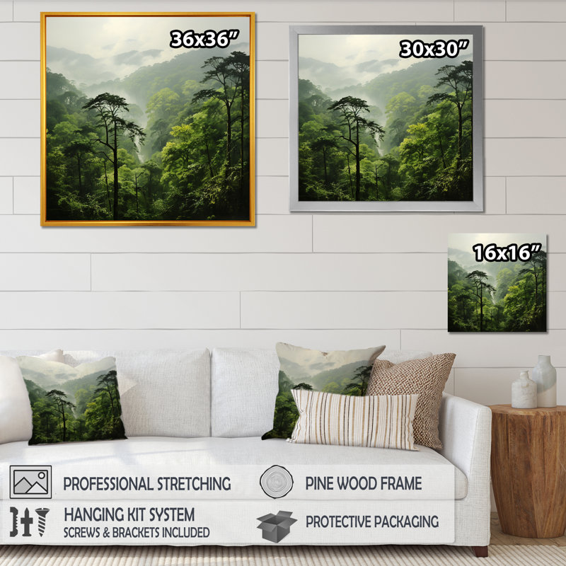Rainforest jungle paysage 1 - Jungle, reproduction d'art sur toile encadrée, Cadre flottant doré, H 16 po x l 16 po x P 1 po