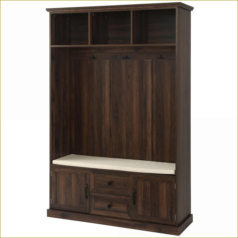 Arbre d'entrée | Banc de vestibule moderne noir avec 5 crochets à manteau, armoire de rangement et amp; 2 tiroirs | Noir | Panneau de particules