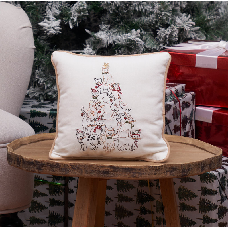 Cat Tree Embroidered Christmas Holiday Throw Pillow