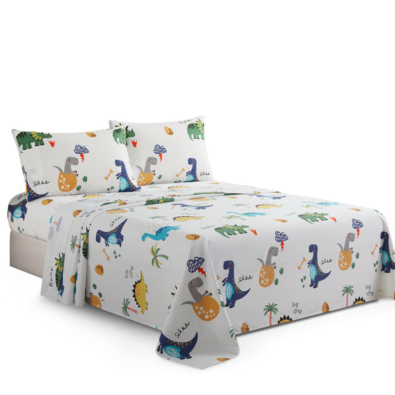 Marina Decoration Boys Toddlers Cute 600 Thread Count Home Bedding Bedroom Soft Bedsheet Deep Pocket Percale 3 Pieces Kids Printed Cotton Sheet Set, Cartoon Dinosaur Zoo Dino Pattern Twin/Single Size
