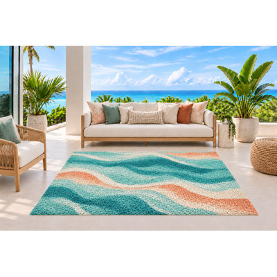 Tapis d'extérieur 152 x 213 cm, motif vagues superposées turquoise et corail, tapis bouclé en PVC imperméable, résistant et à séchage rapide, idéal pour porche, terrasse, balcon ou entrée.