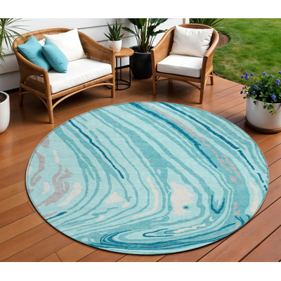 Tapis extérieur rond lavable abstrait bleu turquoise / bleu sarcelle 8 '