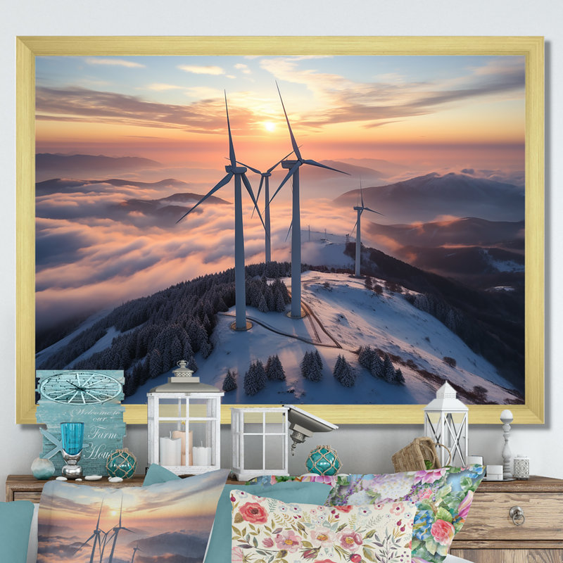 «Sunset Wind Turbines Mountain View IV - Wind Turbines», art mural, Cadre de coin argenté fermé, H 30 po x l 40 po x P 1,5 po