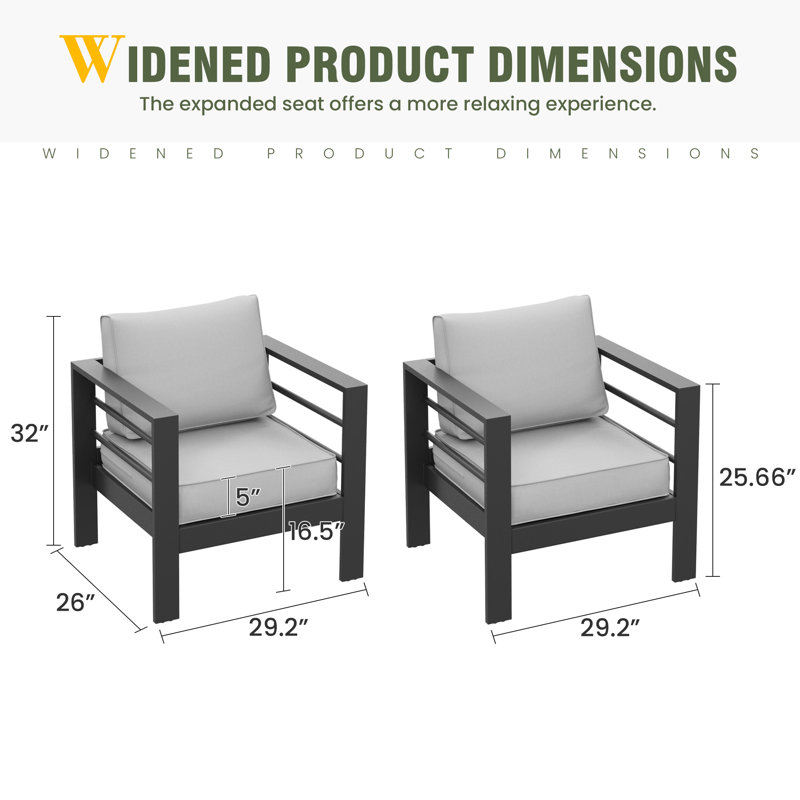 2-Piece Patio Aluminum Chair With Cushion (Set Of 2), Light Gray, Charcoal Gray