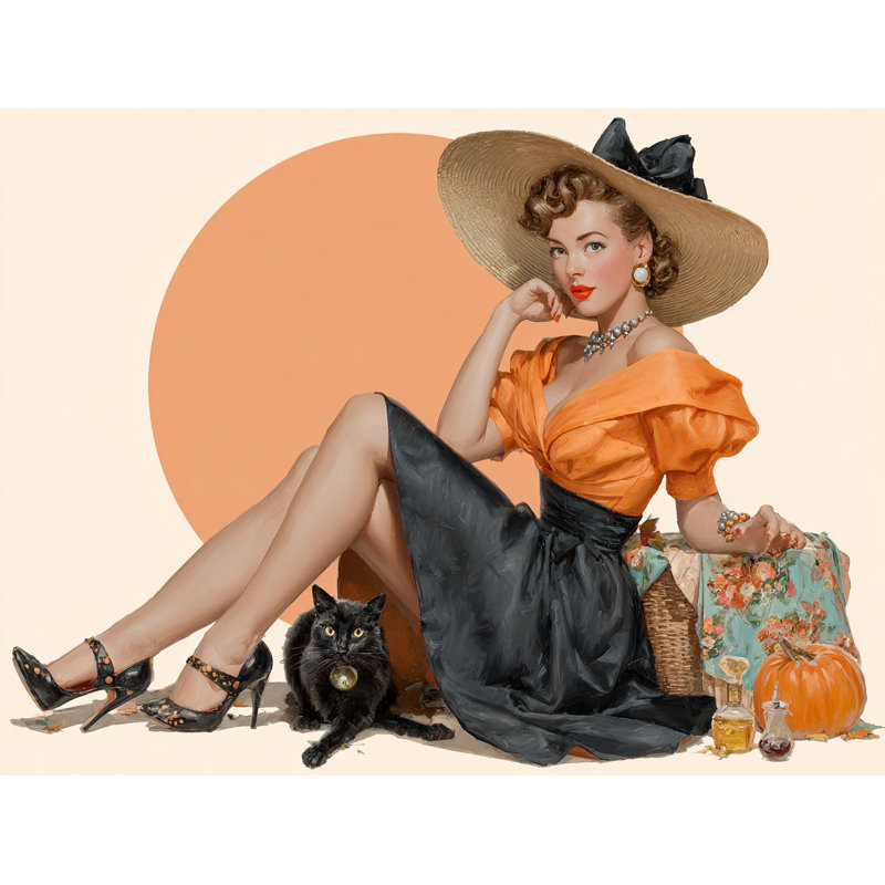 «Pinup Witch and Cat I», art mural sur toile tendue, H 36 po x l 48 po