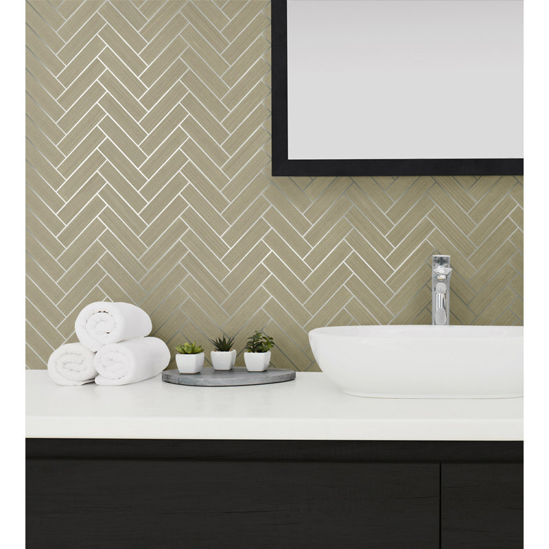 Chevron Vinyl Peel & Stick Metallic Wallpaper Roll, Khaki/Metallic Silver
