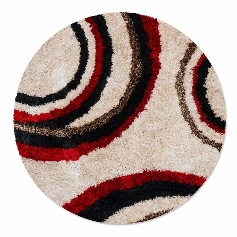Abrielle Hand Tufted Shag Polyester Eco-Friendly Area Rugs - Round, Ivory Red Color, Geometric Modern Design, High Pile Thick Handmade Anti Skid Area Rugs for Living Room, Bed Room