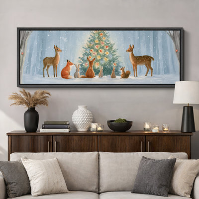 Tableau d'hiver représentant des animaux de la forêt et un sapin de Noël, décoration murale pour le salon, impression giclée sur toile encadrée en 3 parties - 3 pièces de 40,6 x 61 cm et 3 pièces de 61 x 91,4 cm