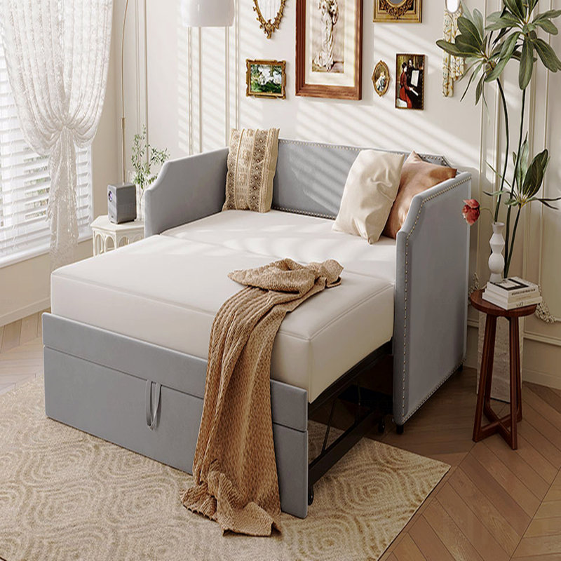 Twin Size Velvet Upholstered Design Daybed Frame With Pop Up Trundle, Gray