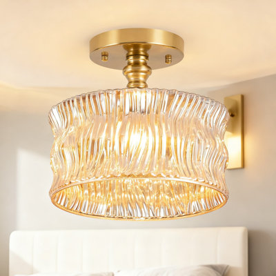 Vintage Semi Flush Mount Ceiling Light With Amber Glass Shade, Classic Striped Design For Kitchen Hallway Living Room Bedroom Corridor, E26 Base Bulb Not Included