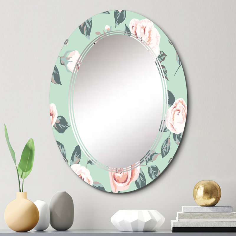 Miroir mural rétro à motif de roses rétro sur fond vert I, 30 po x 20 po