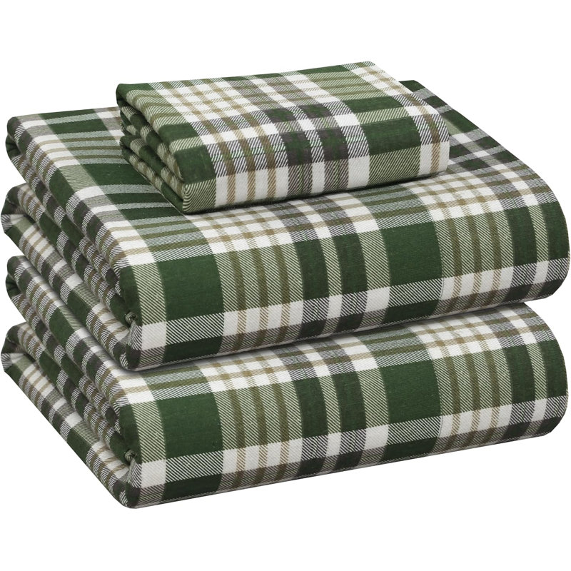 RUVANTI 100% Cotton Flannel Sheets Twin Size 16 inch Deep Pocket, 3 PCs Set, Olive Brown, Twin, Olive Brown Plaid