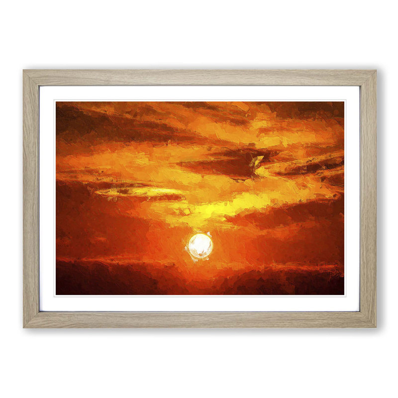 Striking Orange Sunset in Abstract - Picture Frame Painting Print on MDF, 48cm H x 65cm W x 2cm D, Oak Framed