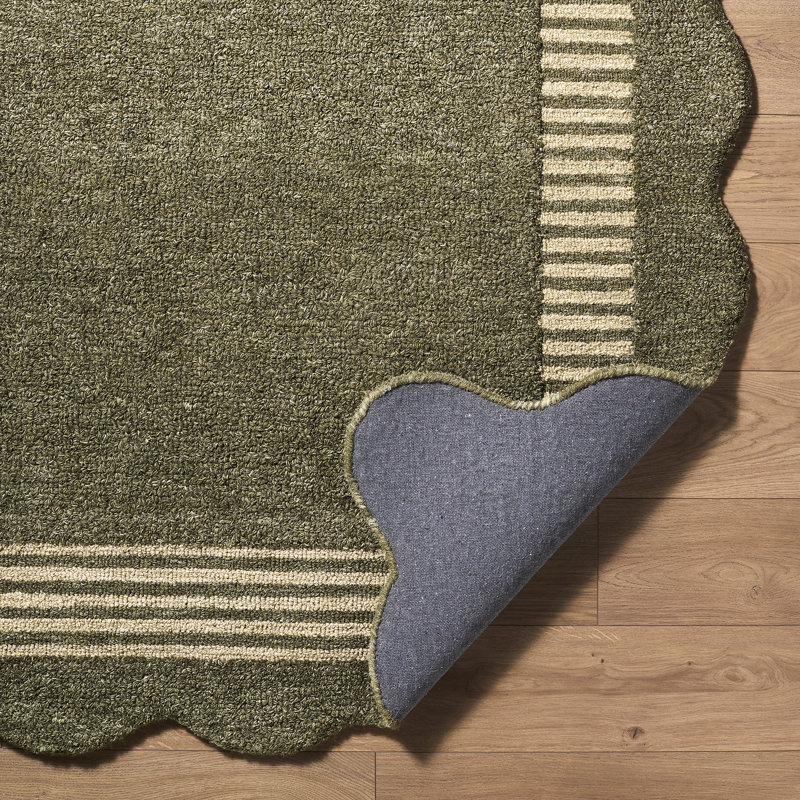 Abstract Wool Hand Tufted Area Rug, Olive Green, Beige, Runner 76 x 244 cm