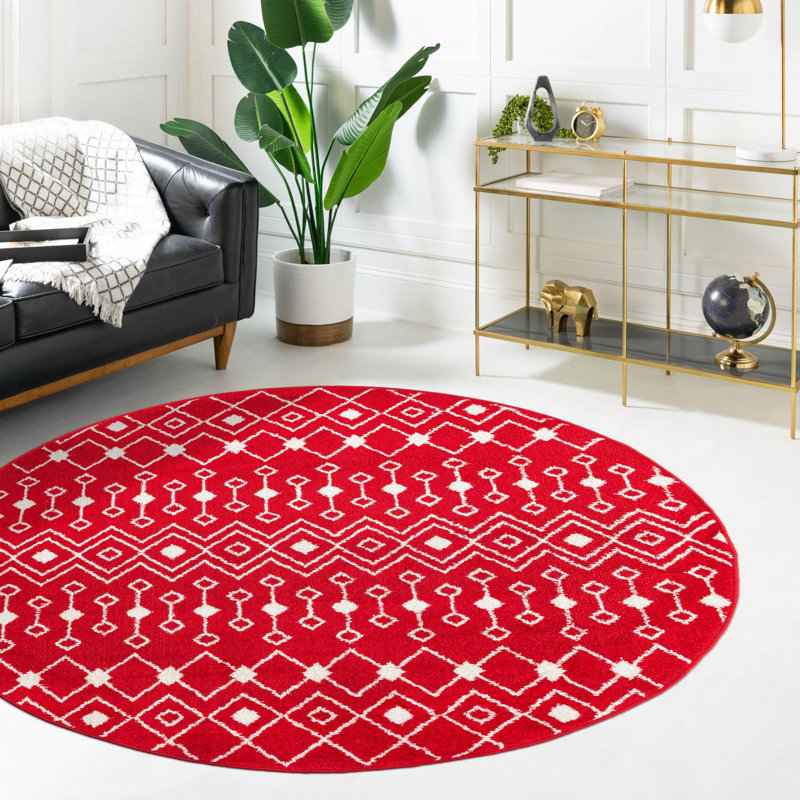Tapis géométrique en chenille / polyester tissé à la machine Briehn - rouge / blanc, Rond 5 pi 3 po