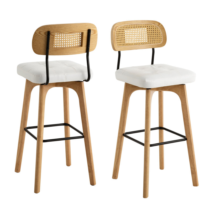 Tabouret de bar rotatif Ikhlas (ensemble de 2), Siège blanc / cadre naturel, 2