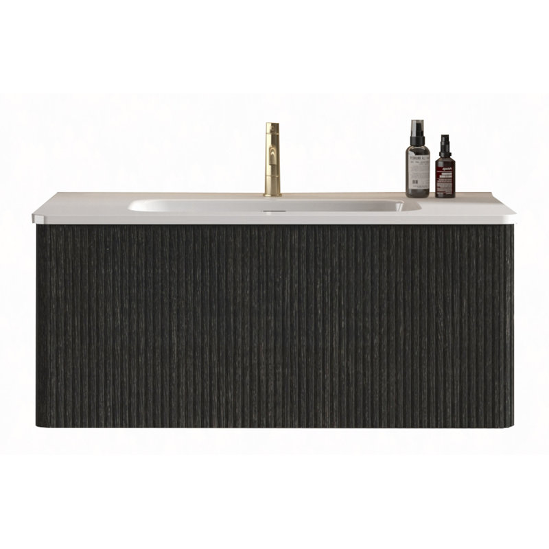 Meuble-lavabo flottant rayé en chêne noir brossé 36 po avec lavabo en céramique blanc 36 po, pré-assemblé