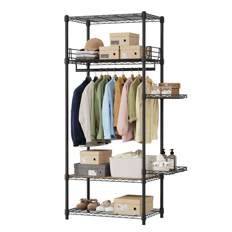29.53"W 4-Tier Clothes Rack, Heavy Duty Freestanding Garment Organizer with 968 LBS Capacity, Adjustable Shelves and Hanging Rod, Side Baskets, Carbon Steel Closet Storage
