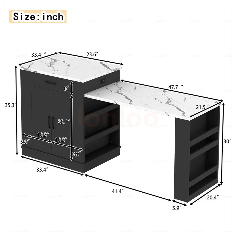 Extendable Island Console With Drawers, Double-Door Cabinet, And Open Shelving For Dining And Kitchen Use