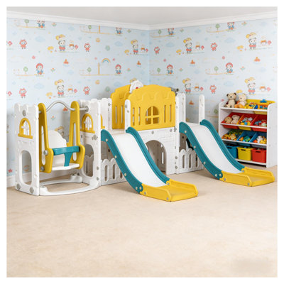 Ensemble de jeux pour tout-petits 8 en 1 avec glissoire double, balançoire et tunnel en blanc et jaune