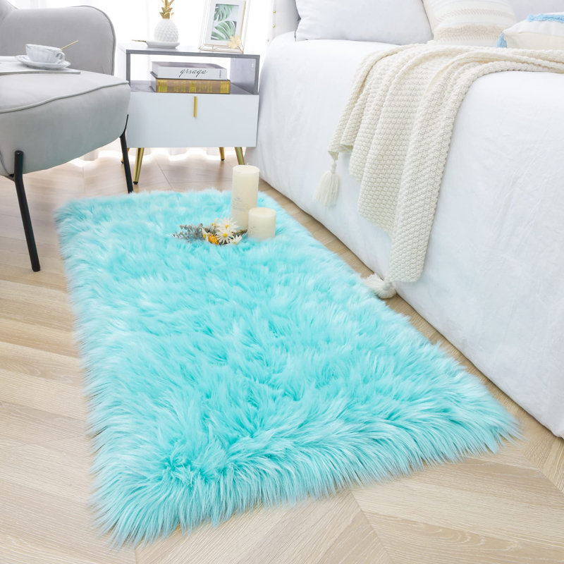 Kevn Light Blue Shag Faux Sheepskin Fur Washable Area Rug, Runner 2' x 6'