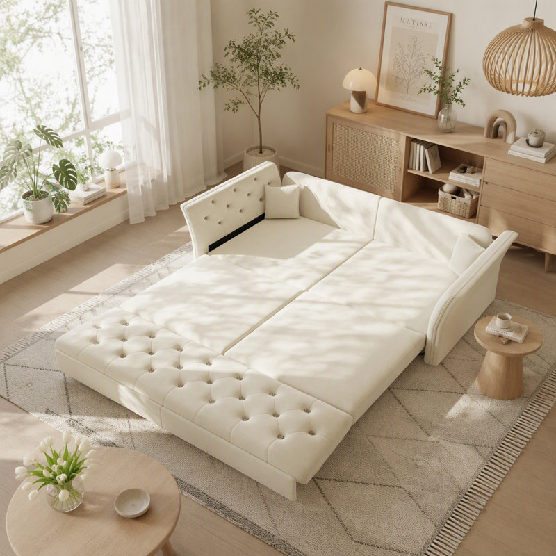 Canapé-lit convertible de 74,4 pouces en velours pour lit escamotable, Beige+White Velvet