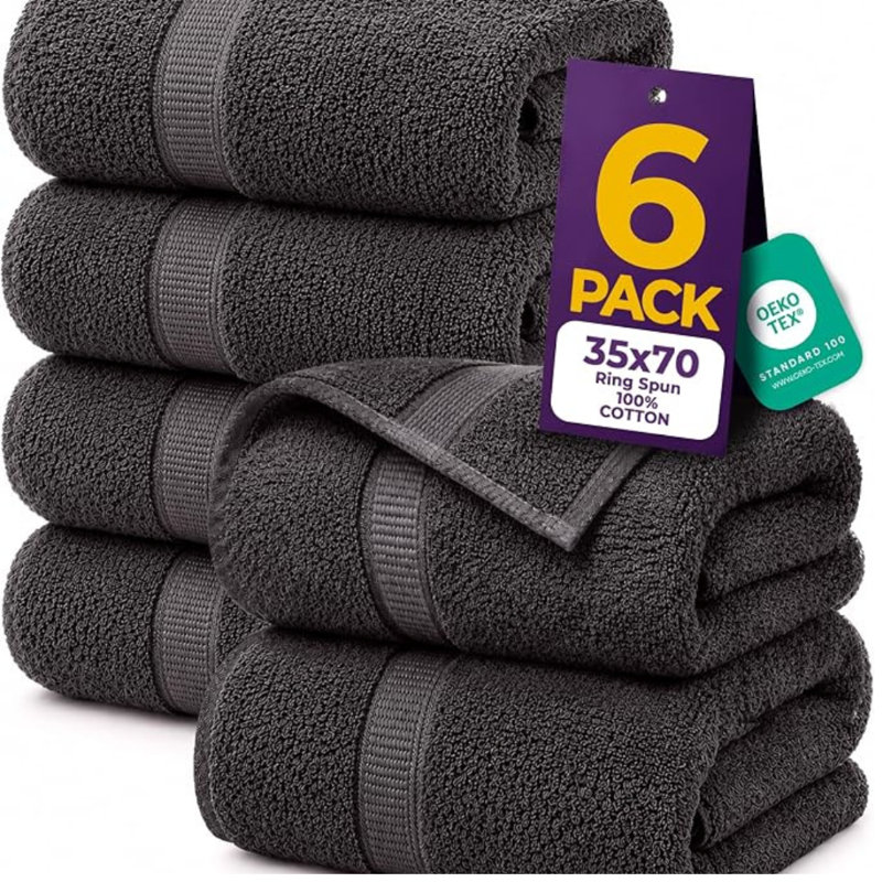 Ensemble de 6 draps de bain géants, 100 % coton peigné filé à l'anneau, 89 x 178 cm, doux, absorbants, séchage rapide, gris