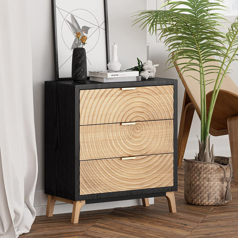 Brimar Modern Farmhouse 3 Drawers Accent Chest, Rustic Nightstand with 3 Drawers, Black/Natural