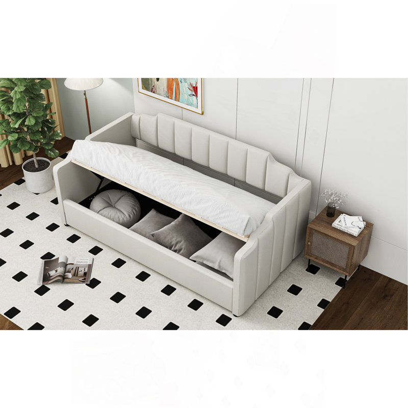 Lit de jour rembourré avec rangement inférieur, Beige, Lit simple