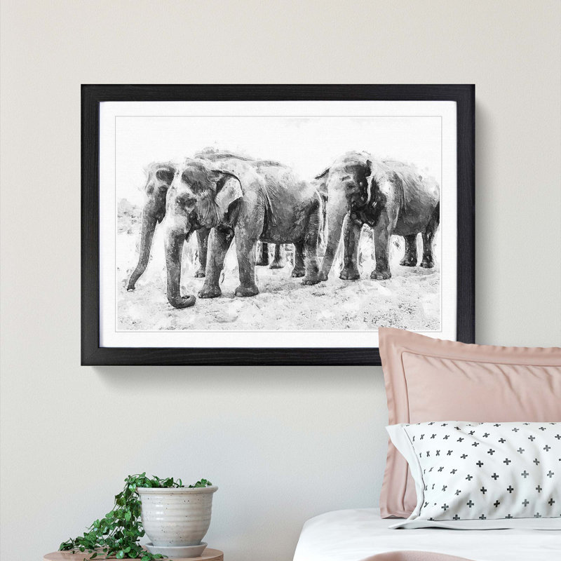 Elephants in Sri Lanka - Framed Print, 48cm H x 65cm W x 2cm D, Black Framed