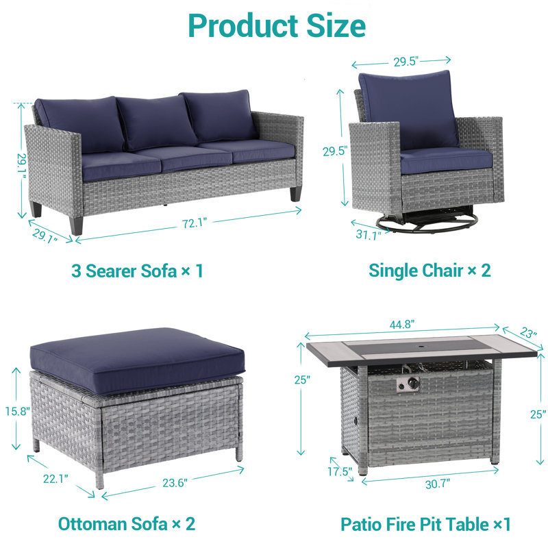 6 Pieces Patio Sofa with Rectangle Fire Pit Table and Swivel Rocking Chairs, Gray, Navy Blue