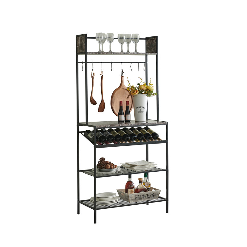 Support pour four à vin Bodison, support de four à micro-ondes avec tablettes de rangement au sol, organisateurs de cuisine avec porte-bouteilles et porte-verres, armoire de bar