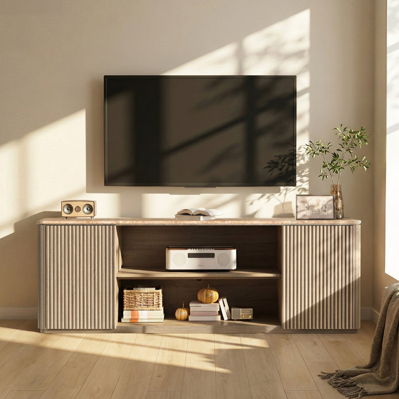 70" TV Stand Fits TVs Up to 80", Fluted Entertainment Center with Faux Marble Top, Oak, Oak