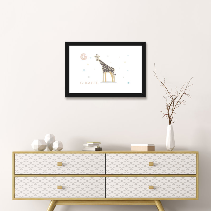 Girafe - impression d'art graphique, Papier encadré noir, H 16 po x l 24 po x P 1 po, Blanc
