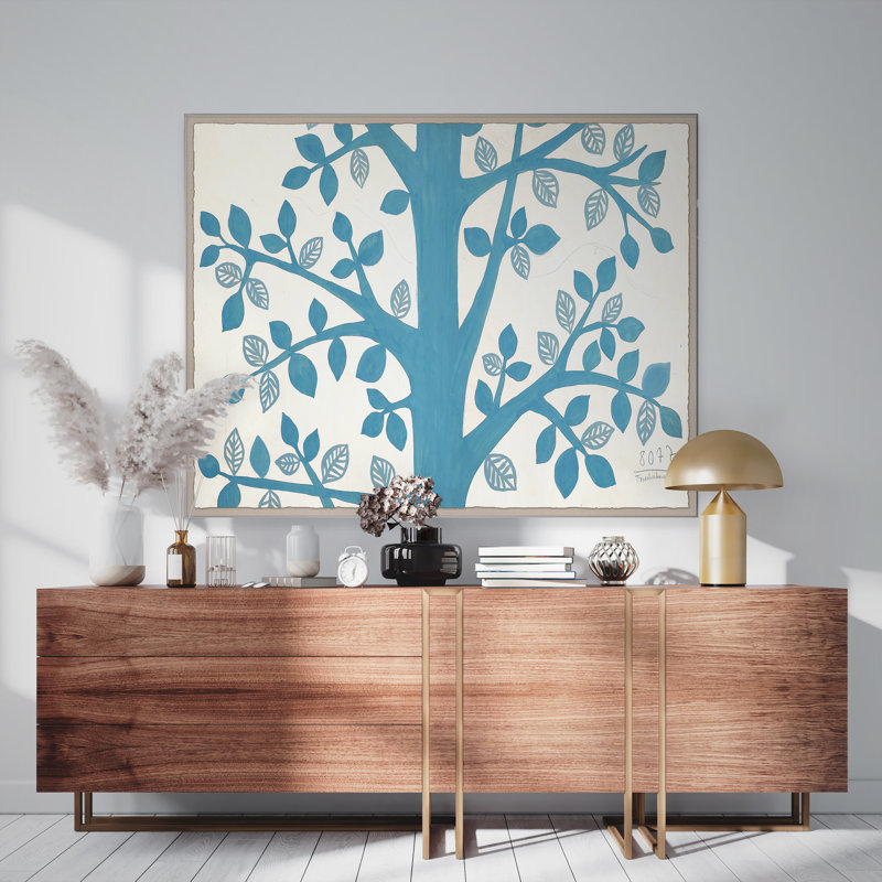 Blue Tree Print by Paule Marrot, 43" H x 54" W x 1.25" D, White Framed