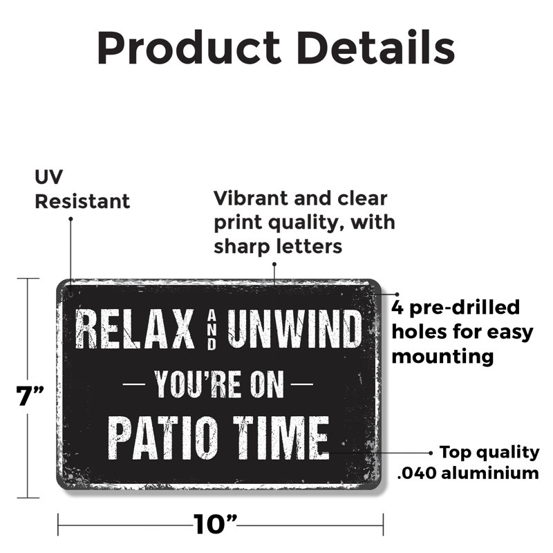 Enseigne de détente en aluminium 7 po x 10 po Relax On Relax On Patio Time (paquet de 2)