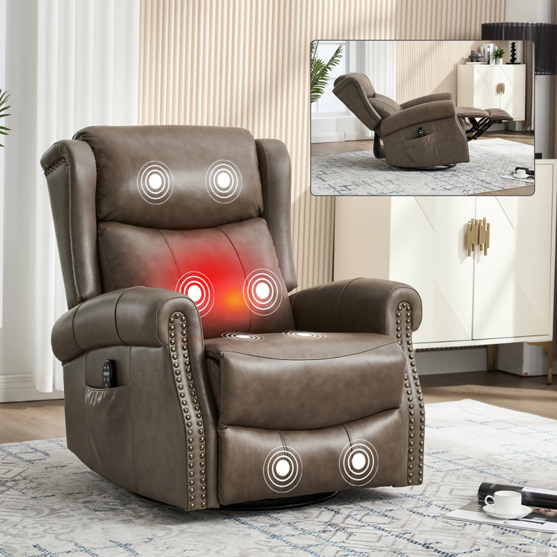 Heat Massage Manual Recliner Chair With Rocker And Swivel In Genuine Leather For Living Room, Brown Gray