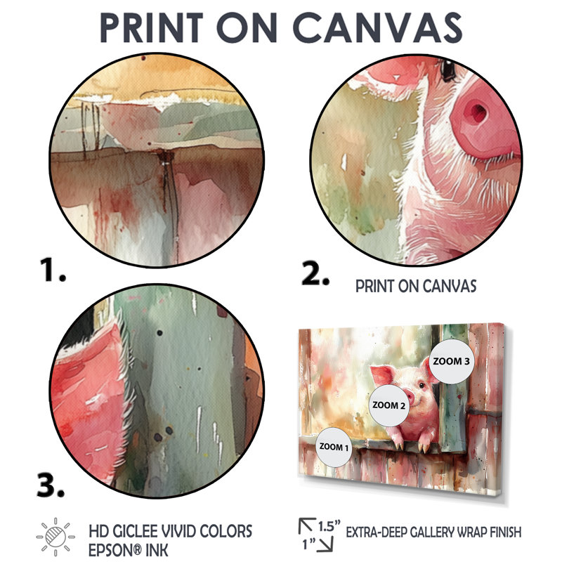 «Cute Pig Portrait At The Barn I» - animaux, art mural, H 30 po x l 40 po, Cadre flottant noir