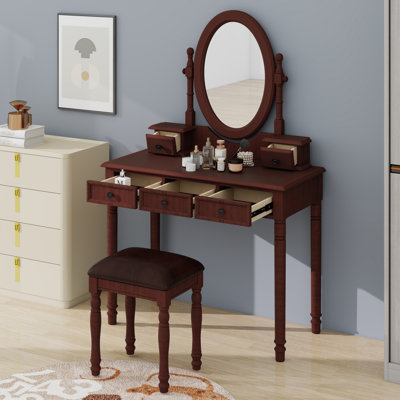 Vanity Desk with Adjustable Angle Mirror, Vintage Makeup Table and Cushioned Stool Set, Velvet Lining 5 Drawers for Bedroom